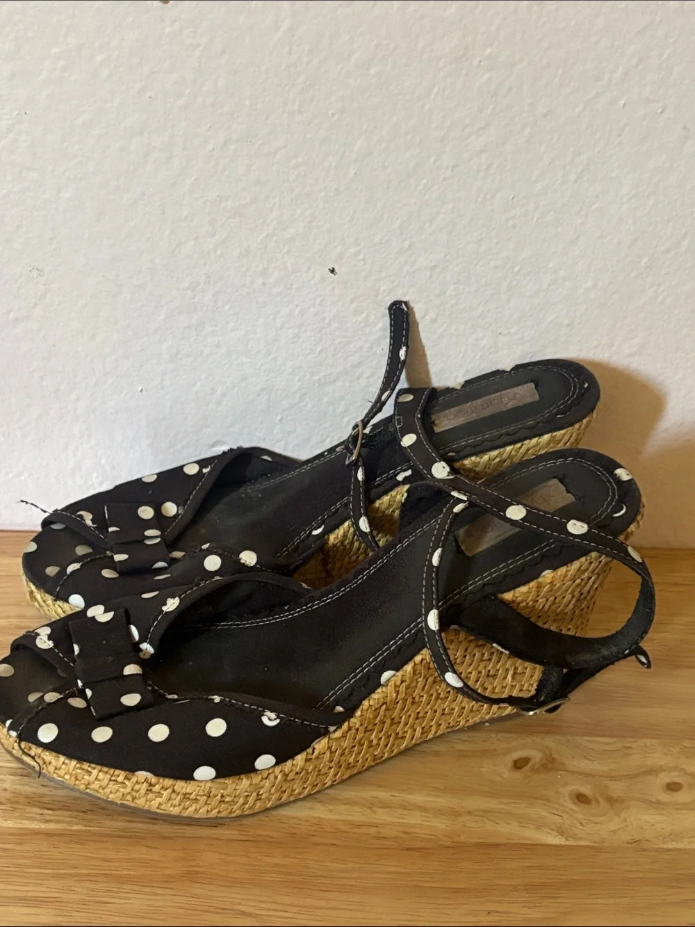 Black Polka Dot Pinup Wedge Sandals with Peep toe and Ankle Strap, Size 7